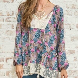Matilda Jane Women’s Sew Perfect Boho Floral Lace Tie Long Sleeve Top Sz Medium